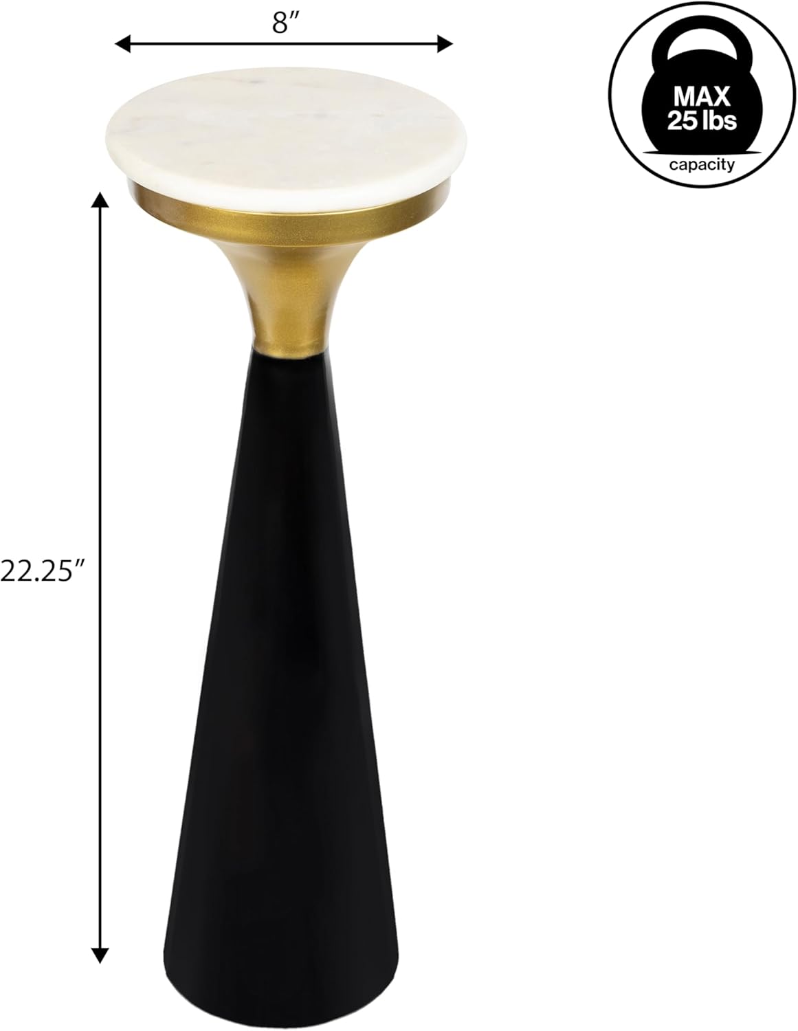JONATHAN Y Oliver Black/Gold Metal Drink Table with White Marble Top, 8" Small Round Pedestal Side Table for Living Room, Modern Martini Cocktail Accent Stand for Small Spaces, 22.25" H END1009B