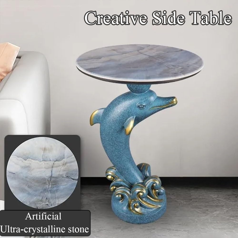 Dolphin Statue Side Table, Resin Pedestal End Table for Living Room, Ocean Coastal End Tables with Artificial Stone Tabletop, Blue Room Decor(Blue)