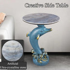 Dolphin Statue Side Table, Resin Pedestal End Table for Living Room, Ocean Coastal End Tables with Artificial Stone Tabletop, Blue Room Decor(Blue)