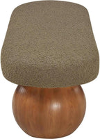 Pemberly Row Contemporary Boucle Fabric Bench, 59.5" W, Olive Green Upholstery, Walnut Ash Wood Ball-Shaped Legs, Art Deco Style, Living Room or Bedroom Accent Seating