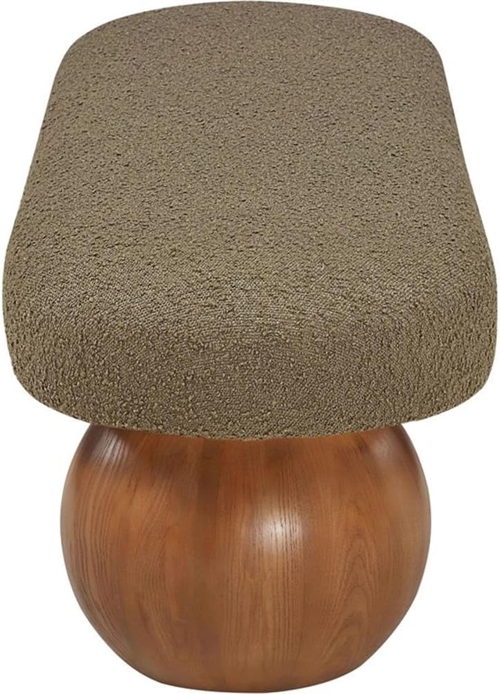 Pemberly Row Contemporary Boucle Fabric Bench, 59.5" W, Olive Green Upholstery, Walnut Ash Wood Ball-Shaped Legs, Art Deco Style, Living Room or Bedroom Accent Seating