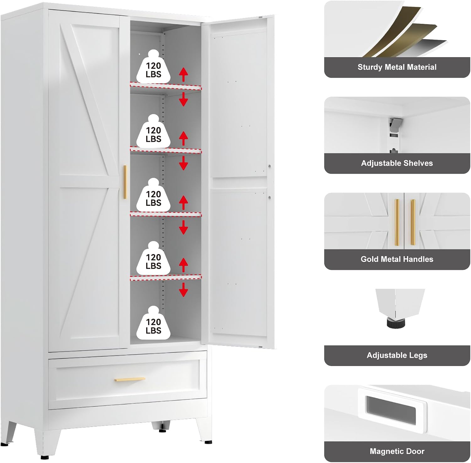 QINPTWUT 71" Storage Cabinet with Bottom Drawer, Pantry Cabinet in White with 2 Doors & 4 Adjustable Shelves, Freestanding Steel Cupboard for Garage, Home Office, Kitchen, Heavy-Duty Storage