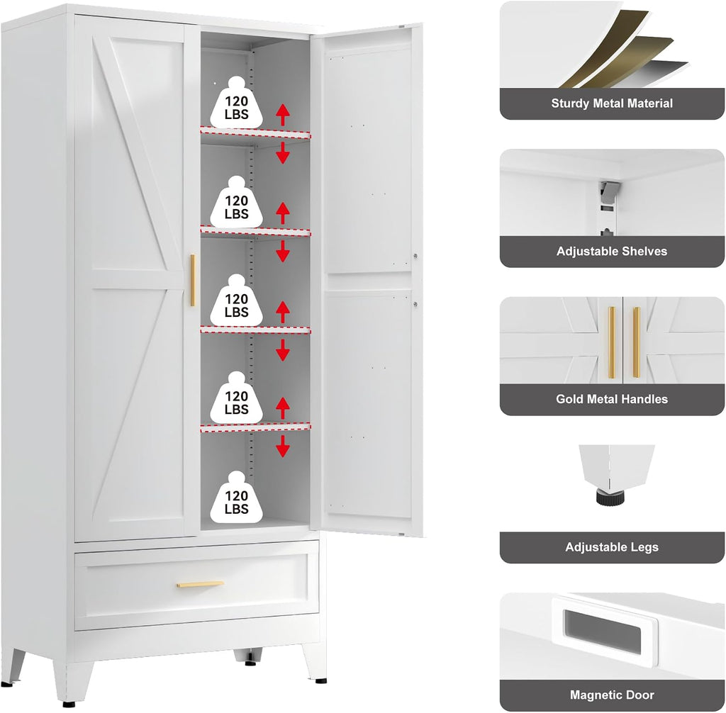 QINPTWUT 71" Storage Cabinet with Bottom Drawer, Pantry Cabinet in White with 2 Doors & 4 Adjustable Shelves, Freestanding Steel Cupboard for Garage, Home Office, Kitchen, Heavy-Duty Storage
