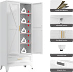 QINPTWUT 71" Storage Cabinet with Bottom Drawer, Pantry Cabinet in White with 2 Doors & 4 Adjustable Shelves, Freestanding Steel Cupboard for Garage, Home Office, Kitchen, Heavy-Duty Storage