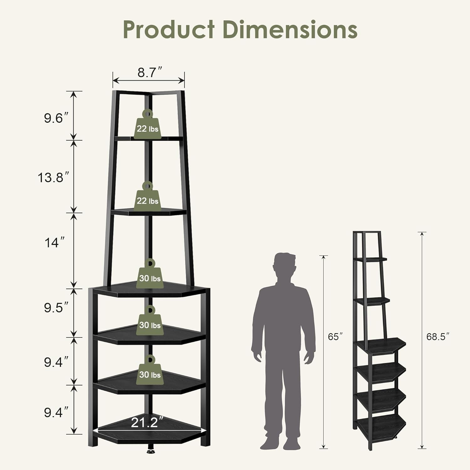 VECELO 6 Tier Corner Shelf 69 Inch Industrial Bookshelf with Metal Frame, Multipurpose Tall Plant Stand with Opening Display Shelves for Living Room, Bedroom, Home Office, Small Space, Black