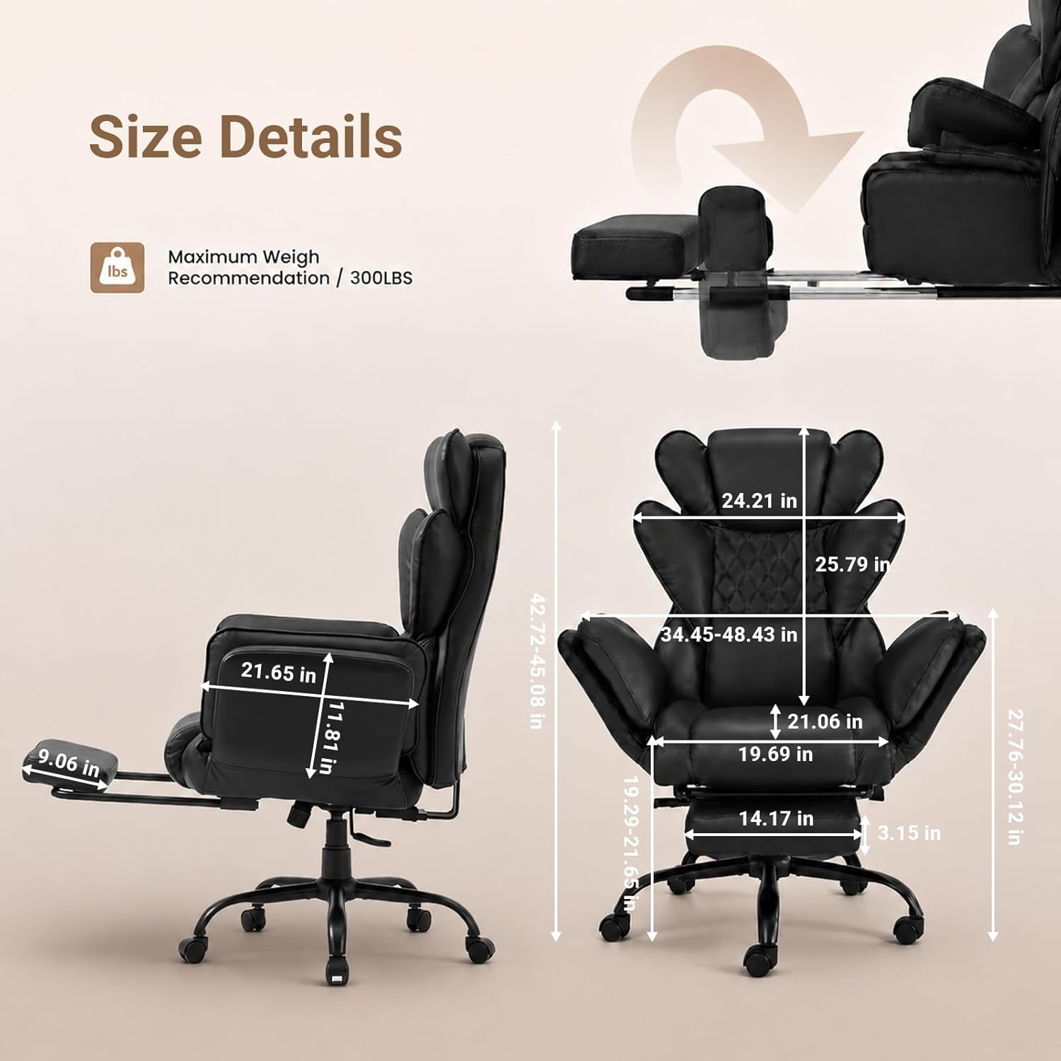 Big and Tall Office Chair with Flip Armrests for Pets and Cross Legged Sitting, Reclining Ergonomic Computer Desk Chair with Foot Rest, Wide Seat PU Leather Executive Chair, 135° Recline Silent Wheels