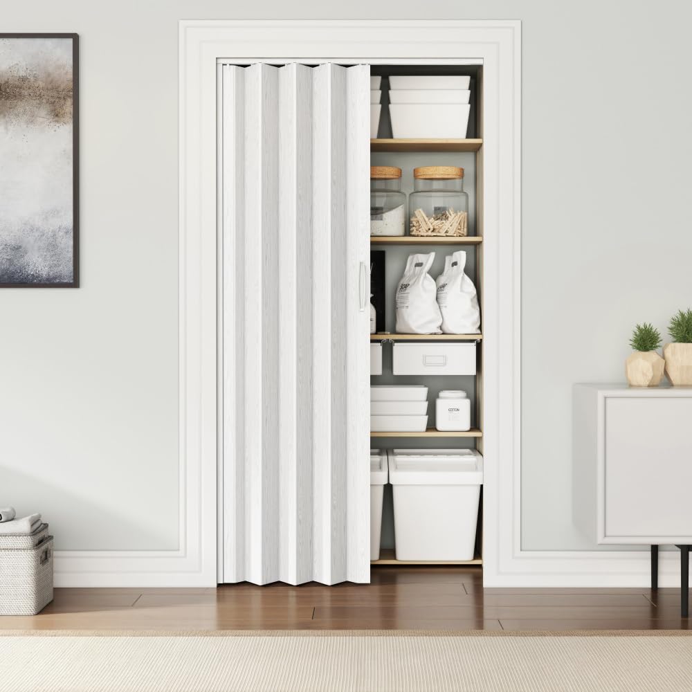 48 x 80 Inch Accordion Door - PVC Foldable Interior Folding Closet Door with Trimmable Height, Track Hardware Kit, Magnetic Closure for Bedroom Room Divider, White Oak