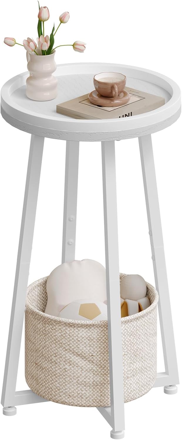 HOOBRO Round Side Table and Nightstand Bundle, 2-Tier Round Sofa End Table, Modern End Table with 1 Drawer and 1 Open Compartment, WW183BZ01-NL208BZ01