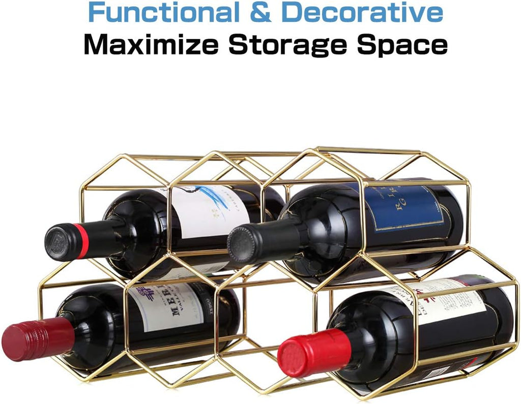 Buruis 9-Bottle Countertop Wine Rack, Honeycomb Metal Wine Holder, Gold | No Assembly Required, Space-Saving Wine Storage, Kitchen Bar Organizer, Red & White Wine Display, Modern Home Decor