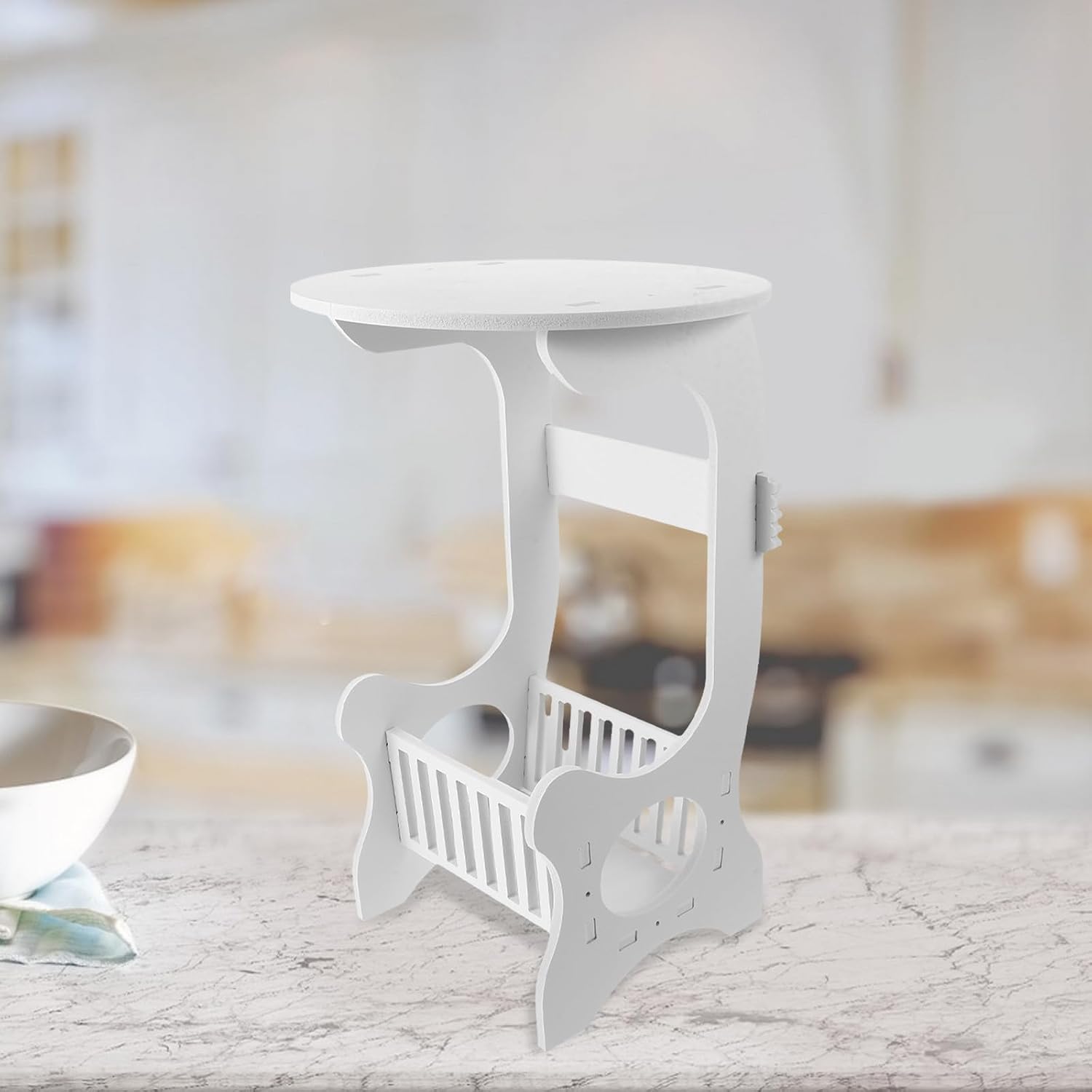 Small Round White End Table for Living Room Bedroom Balcony, Compact Bedside Coffee Table with Storage, Wooden Plastic Nightstand for Small Spaces