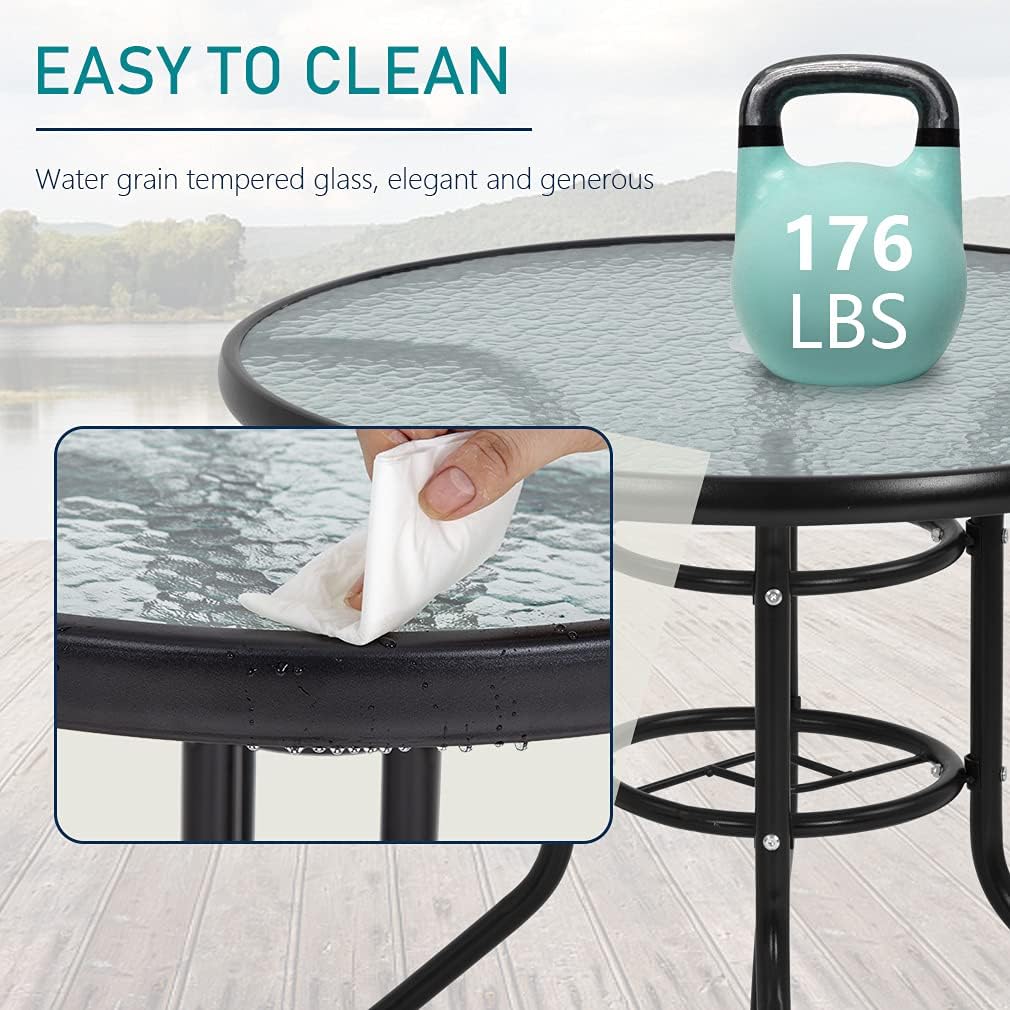 32in Outdoor Table Patio Dining Table Outdoor Dining Table with Umbrella Hole Round Tempered Glass for Yard Bistro Lawn Balcony