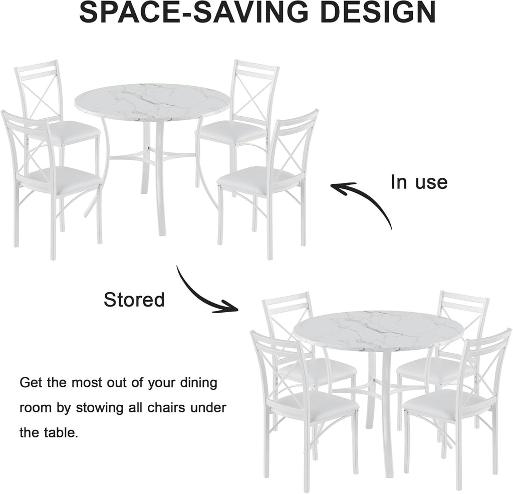 VECELO 5 Piece Dining Table Set for 4 with Chairs, Faux Marble Tabletop, Small Space, Kitchen, Breakfast Nook, White