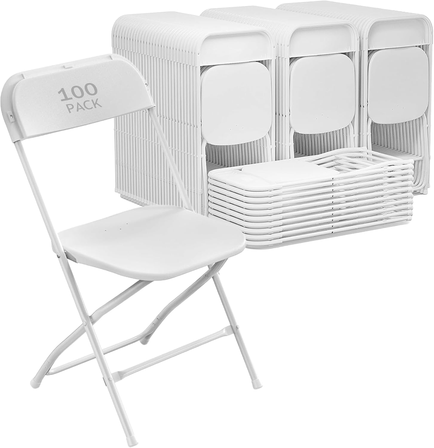 100 Pack White Plastic Folding Chairs, Portable Stackable Commercial Chairs with Steel Frame, 350 lb Capacity Indoor Outdoor Seating for Wedding Party Event Office Dining