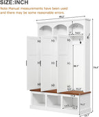 LUMISOL Farmhouse Hall Tree with 3 Hidden Storage for Hallway, Arched Design Mudroom Organizer with Walnut Bench, All-in-One Entryway Bench with Shoe Storage and 5 Hooks, White