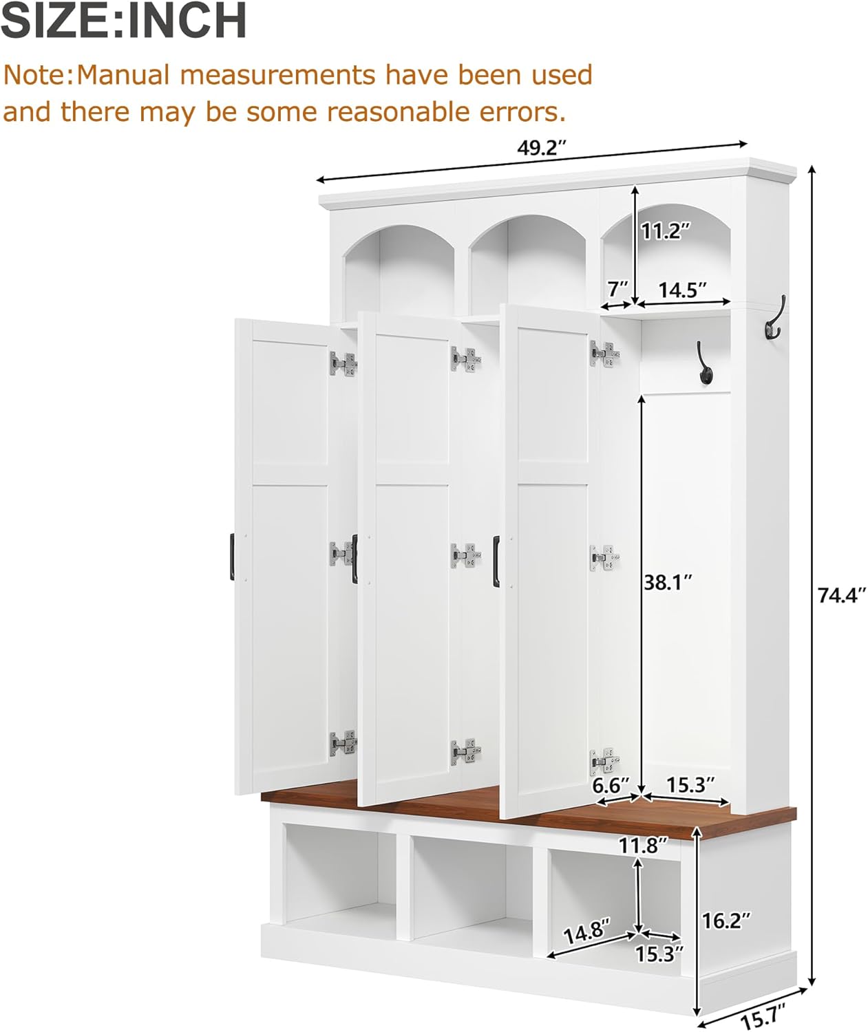 LUMISOL Farmhouse Hall Tree with 3 Hidden Storage for Hallway, Arched Design Mudroom Organizer with Walnut Bench, All-in-One Entryway Bench with Shoe Storage and 5 Hooks, White