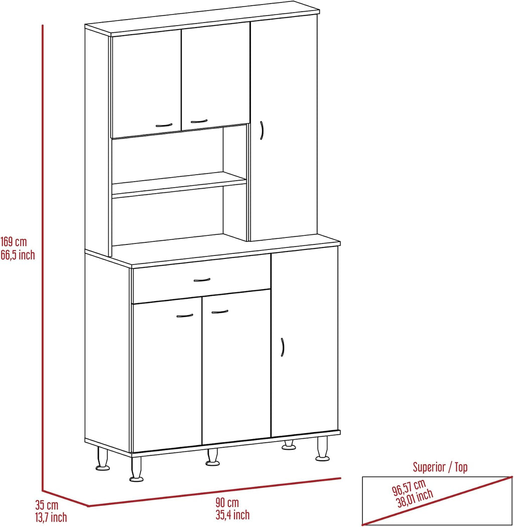 Della 90 Kitchen Pantry, One Drawer, Multiple Cabinets, Two Open Shelvess -White