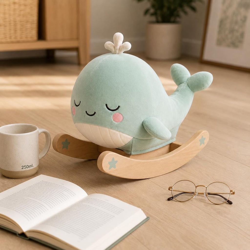 Juju Rocking Whale Soft Velour Rocker – Mint Cushioned Whale on Natural Beechwood Base with Painted Star Accents – Cozy Nursery Decor Accent – Embroidered Sleepy Face Design