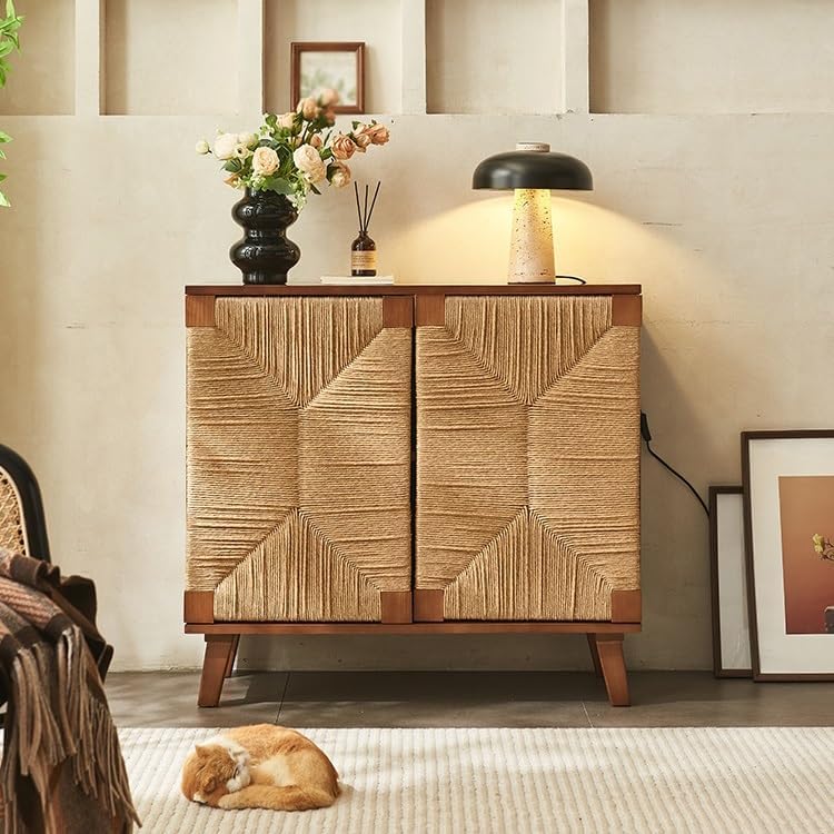 Entryway Cabinet Nordic Wooden Rattan Dining Sideboard Simple Storage Cabinet Living Room Porch Rack Sideboard Storage Cabinet
