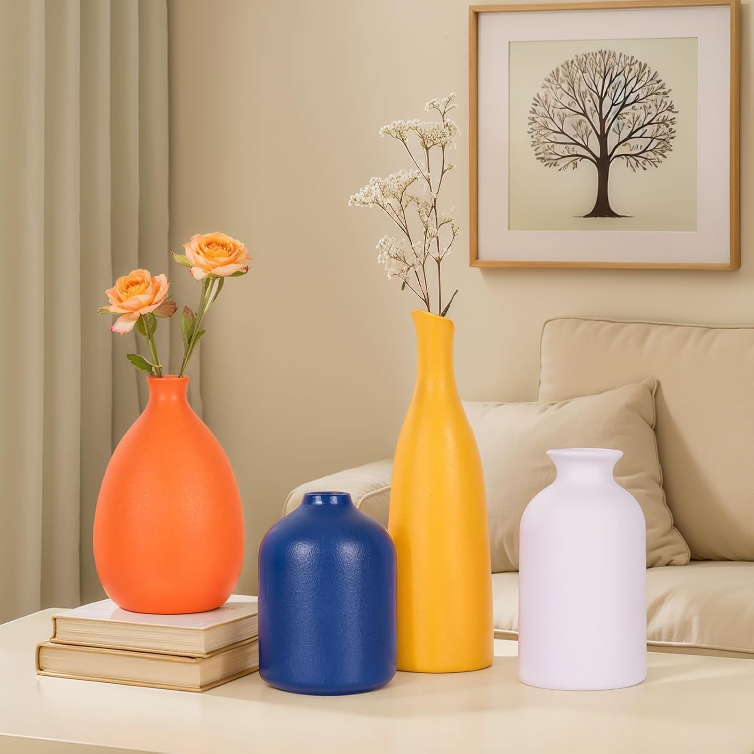 Multi-Color Ceramic Small Bud Vases Set of 4, White Yellow Orange Blue Vase, Modern Minimalism Style Vases for Rustic Home Decor, Ideal Decorative Vases for Living Room, Dining Room, Mantel, Entryway