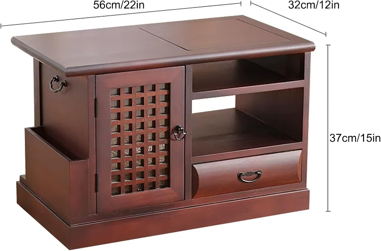 Japanese Tea Cabinet Floor Table, Paulownia Wood Side Table with Tray and Storage, 22x12x15in, for Tea Brewing, Living Room, Tea Room