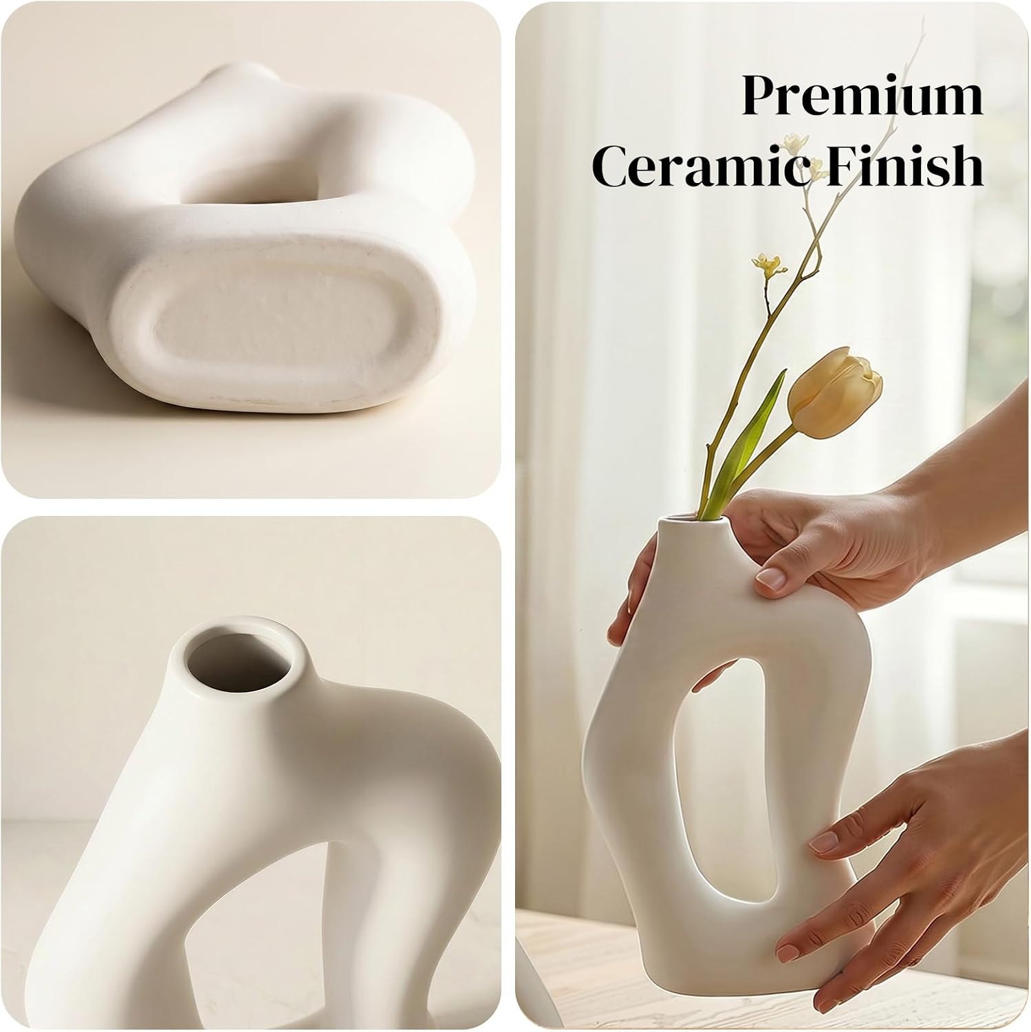 Dowan White Vases for Decor,Hollow Ceramic Vase Set of 2,7.6" Nordic Modern Boho ins Style Decorative Ceramic Aesthetic Flower Vase for Home Decor Modern Minimalist Table, Entryway Centerpieces