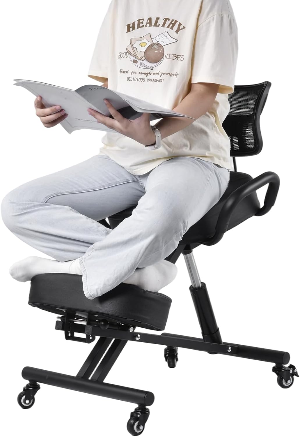 Adjustable Ergonomic Kneeling Chair with Wheels for Home Office, Study & Meditation - Portable Design for Healthy Posture Support, Ideal for Students & Adults with Backrest Refer to Description