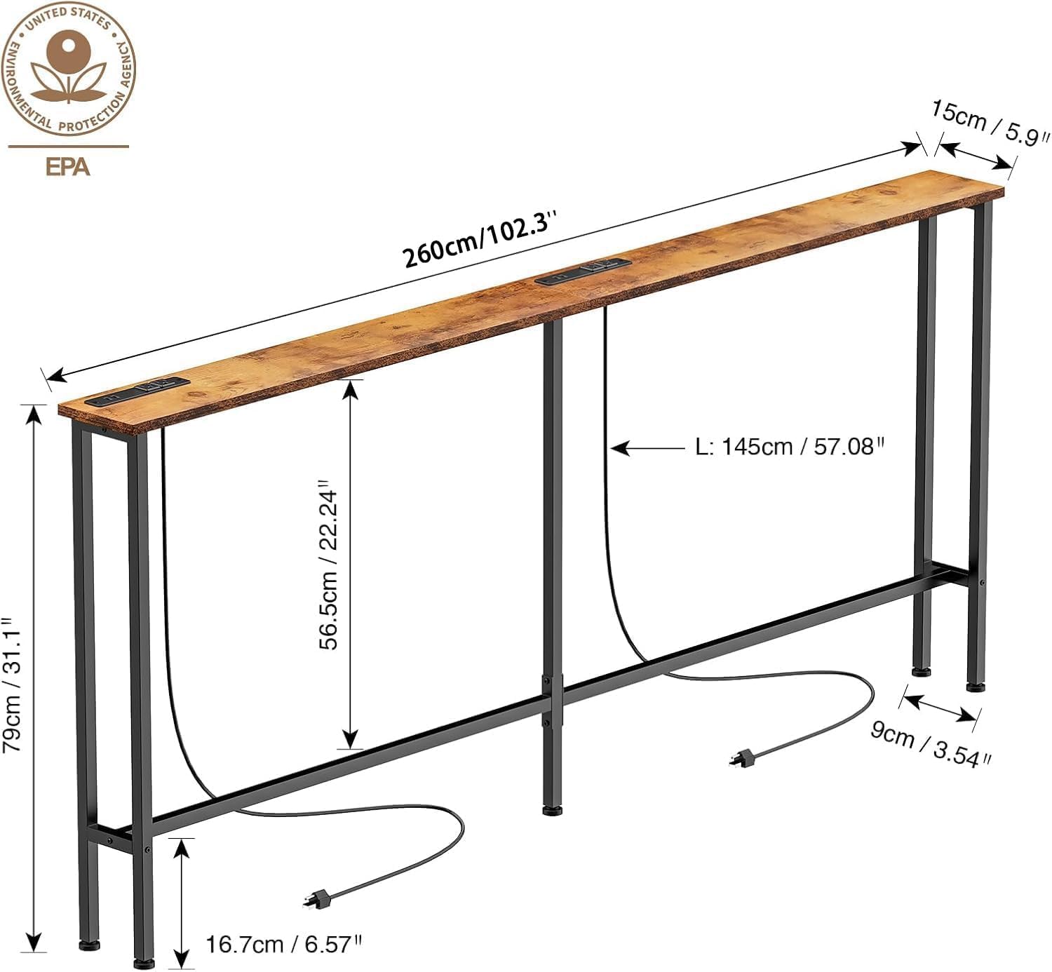 Keelian 102" Narrow Console Sofa Table - 2 Power Outlets & 4 USB Ports, Metal Frame, Rustic Brown, Perfect for Hallway, Office, and Behind Sofa - Easy Assembly, 4.9' Extension Cord Included