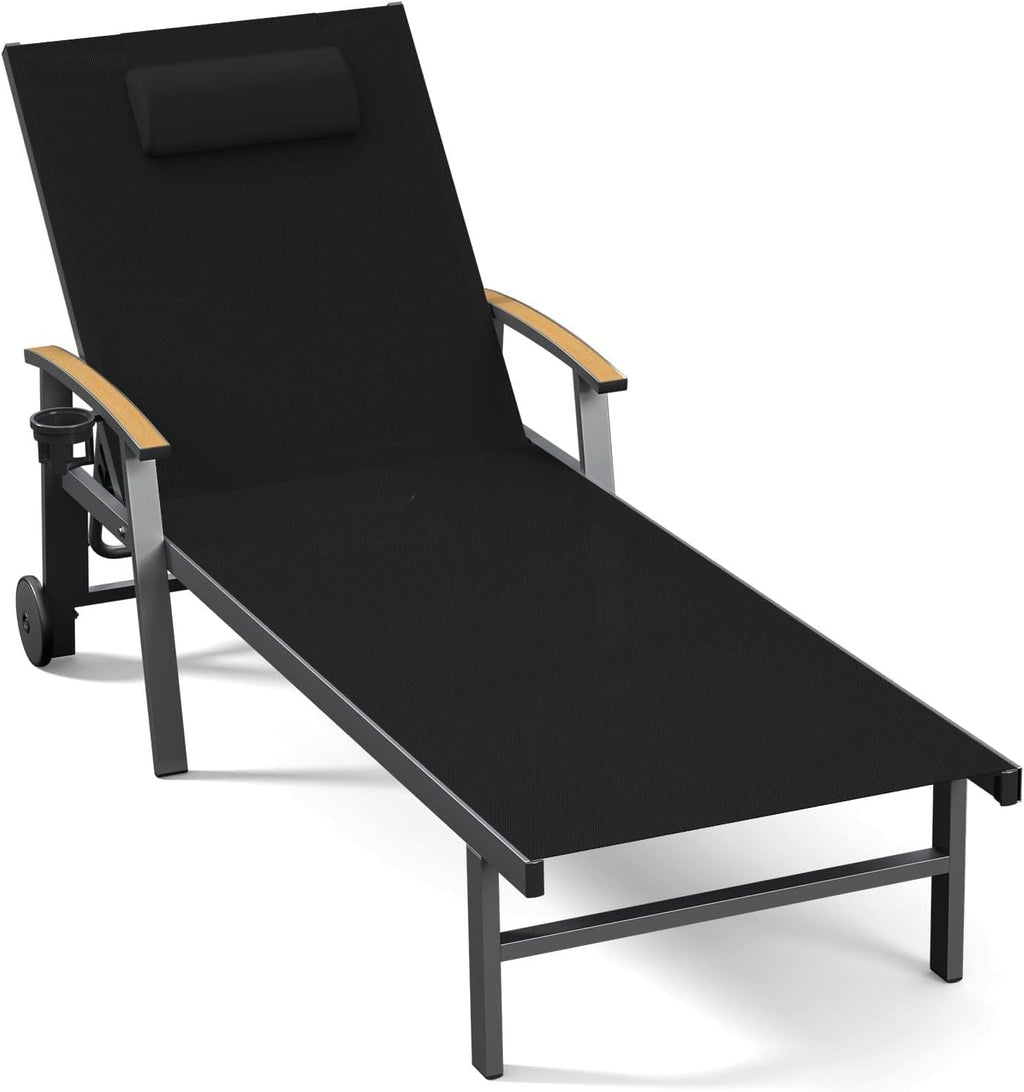 Outdoor Lounge Chair with Pillow, 5-Position Aluminum Chaise Lounge with Wheels & Armrests, 400 lbs Heavy Duty Patio Pool Chair for Backyard, Deck, Beach & Poolside (Black)