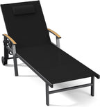 Outdoor Lounge Chair with Pillow, 5-Position Aluminum Chaise Lounge with Wheels & Armrests, 400 lbs Heavy Duty Patio Pool Chair for Backyard, Deck, Beach & Poolside (Black)