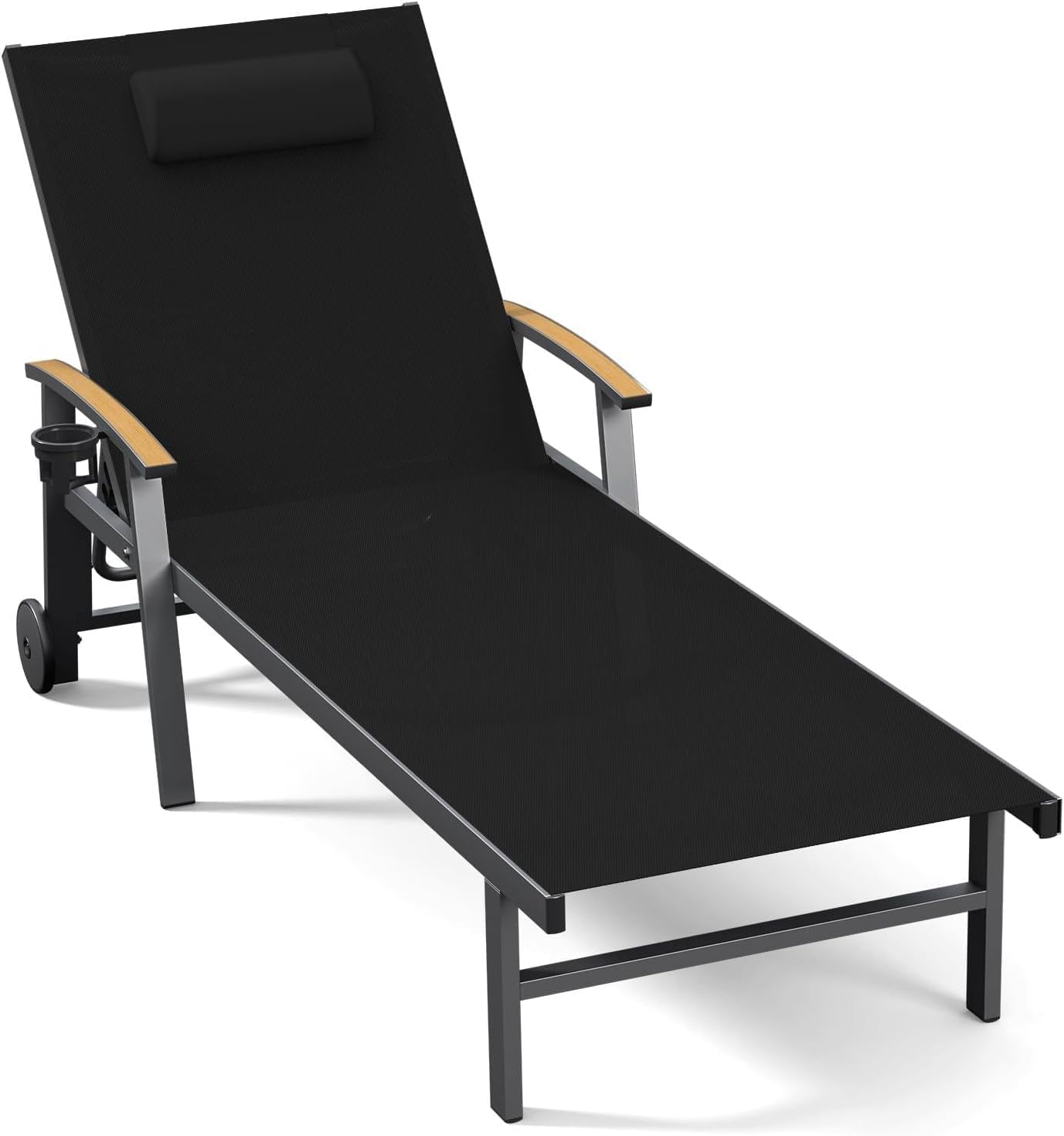 Outdoor Lounge Chair with Pillow, 5-Position Aluminum Chaise Lounge with Wheels & Armrests, 400 lbs Heavy Duty Patio Pool Chair for Backyard, Deck, Beach & Poolside (Black)