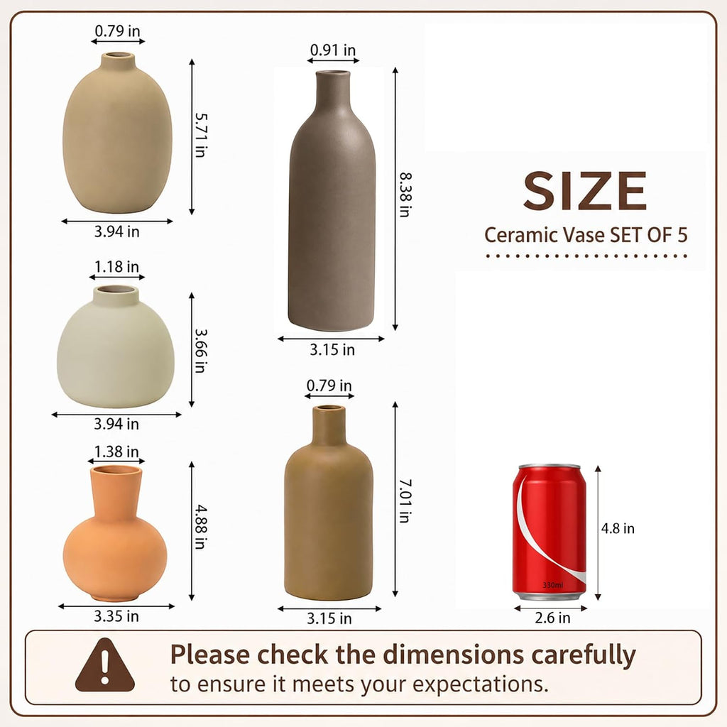 Neutral Ceramic Vase Set – 5 Matte Earth-Tone Vases for Japandi, Scandinavian, or Minimalist Home Decor, Table, Entryway, Shelf & Mantel Styling
