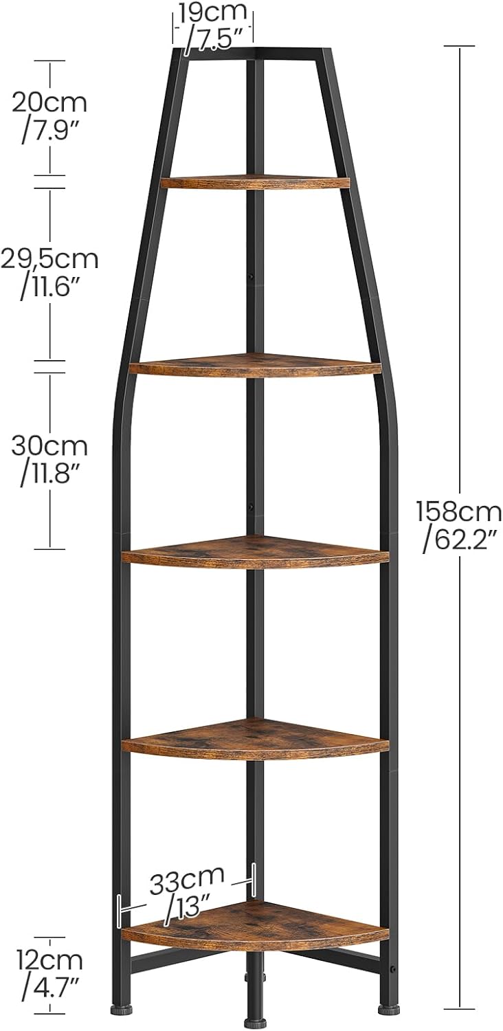 CHOEZON Corner Shelf with Lights, Corner Bookshelf with Metal Frame, 5-Tier Tall Ladder Shelf, Storage Rack for Home Office, Bedroom, Living Room, Rustic Brown and Black TCJ71DBF
