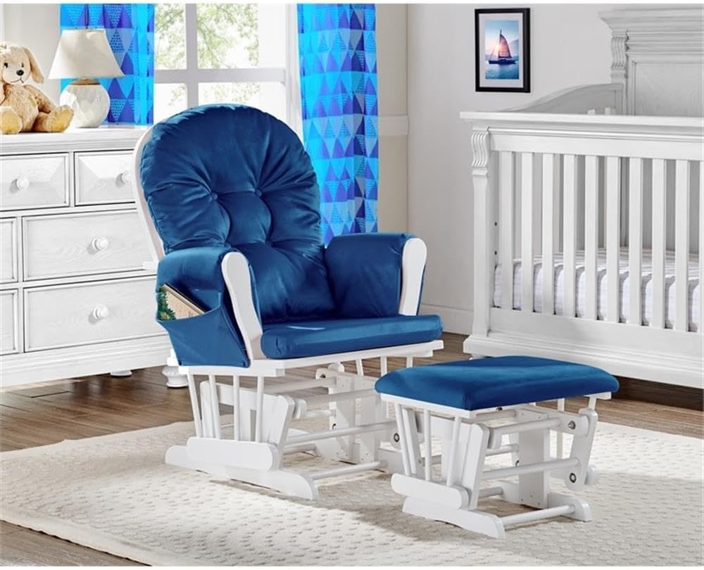 Pemberly Row Wood and Fabric Glider and Ottoman, White and Navy Finish, 38" H x 27" W x 29.25" D, Plush Cushions, Padded Arms, Smooth Quiet Glide, Side Storage Pockets, Nursery or Living Room Use