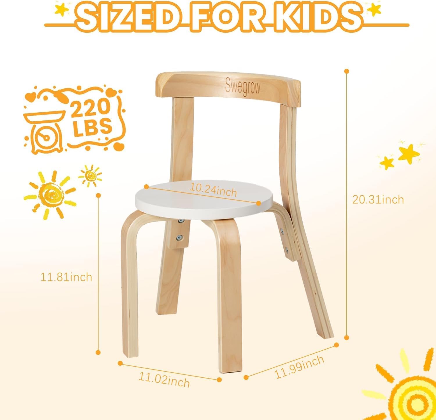 Swegrow Wooden Kids Chair, Toddler Chair for Table, Kids Stackable Chairs, Kid Wooden Furniture for Family/Playroom/Classroom（Set of 4-White）