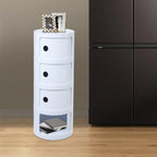 Round Nightstand, Circular Side Table with Storage Cabinet, 4 Tier Cylindrical Organizer with Sliding Doors, Modern White End Table for Bedroom Living Room, 88lbs Capacity, 12.6x30 Inch