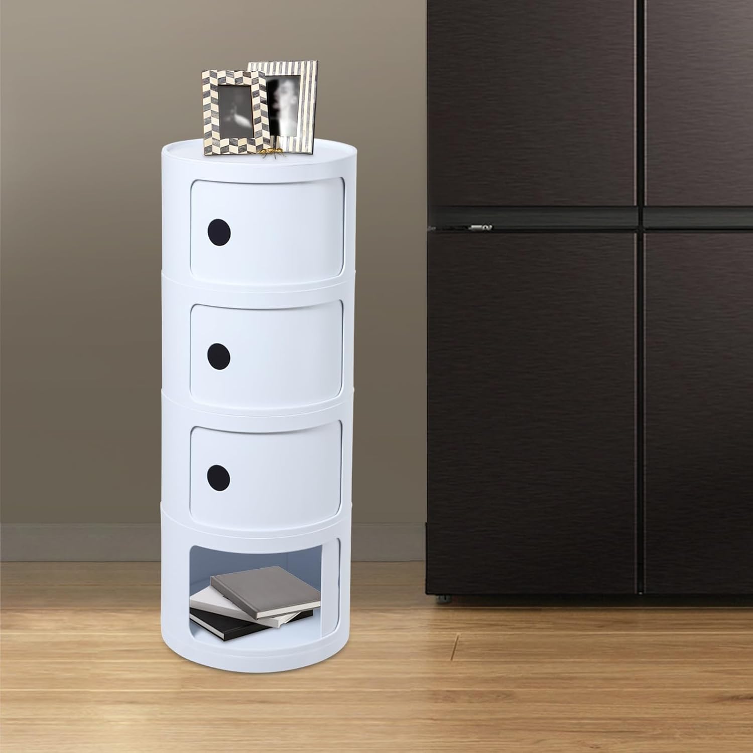 Round Nightstand, Circular Side Table with Storage Cabinet, 4 Tier Cylindrical Organizer with Sliding Doors, Modern White End Table for Bedroom Living Room, 88lbs Capacity, 12.6x30 Inch