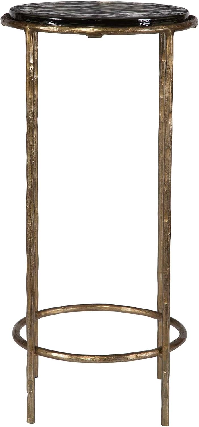 Antique Gold Textured Iron Accent Table with Recycled Glass Top Modern Round End Table Luxury Side Table for Living Room, Bedroom & Lounge Decorative Accent Furniture