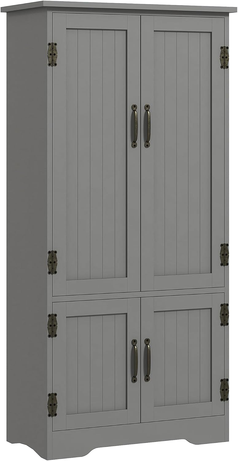 48.5" Kitchen Pantry Cabinet, Compact Farmhouse Storage Cabinet Organizer with 2 Adjustable Shelves and 4 Beadboard Doors for Dining Room, Gray,11.8 * 23.5 * 48.5