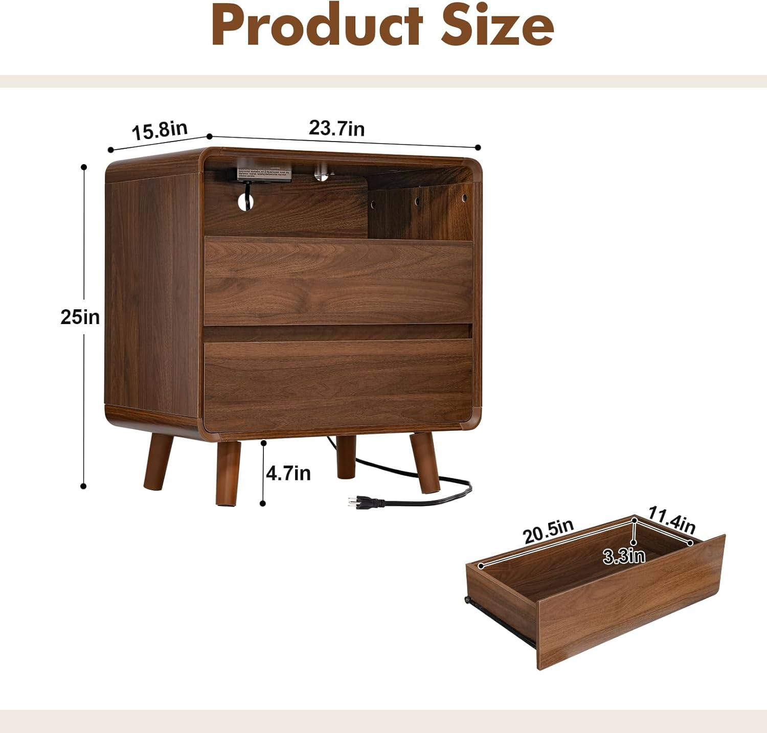 Nasonet Mid Century Modern Nightstand with Charging Station, Wood Bedroom End Tables Set of 2 Nightstands with Drawers, Bedside Table for Living Room, Curved Profile Design, Walnut