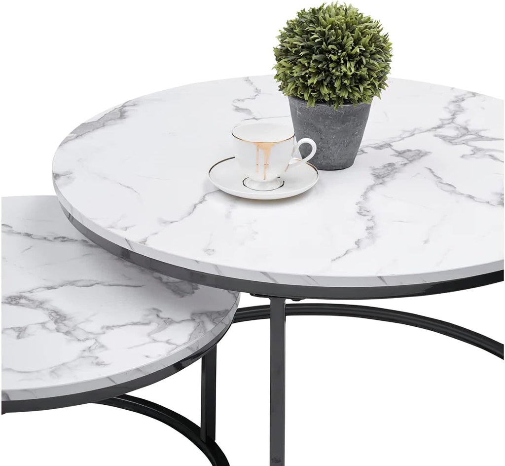 Nesting Coffee Tables Set of 2, 31.5" Round Coffee Table for Living Room, Marble Pattern Wooden Tabletop Black Sturdy Metal Frame Tables, Modern Bedroom Simple Nightstand Balcony Yard