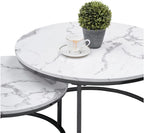 Nesting Coffee Tables Set of 2, 31.5" Round Coffee Table for Living Room, Marble Pattern Wooden Tabletop Black Sturdy Metal Frame Tables, Modern Bedroom Simple Nightstand Balcony Yard