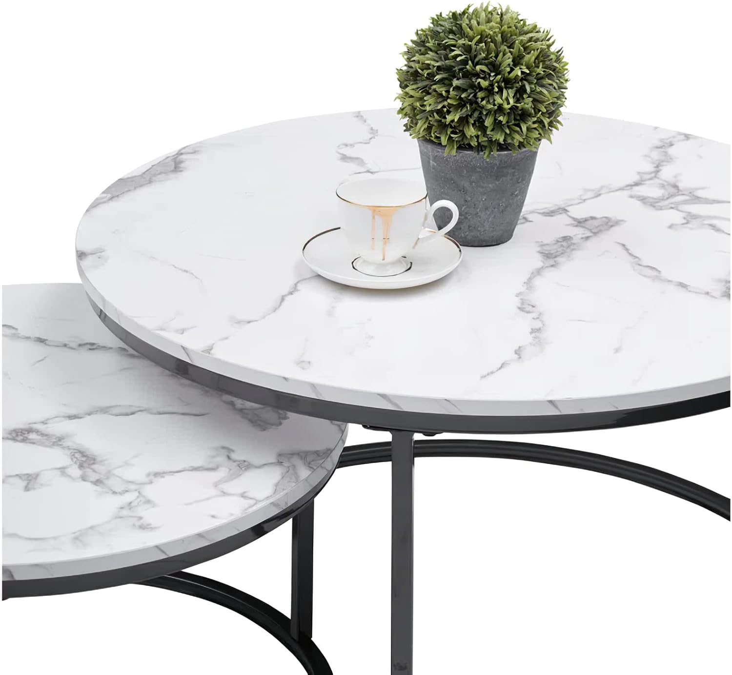 Nesting Coffee Tables Set of 2, 31.5" Round Coffee Table for Living Room, Marble Pattern Wooden Tabletop Black Sturdy Metal Frame Tables, Modern Bedroom Simple Nightstand Balcony Yard