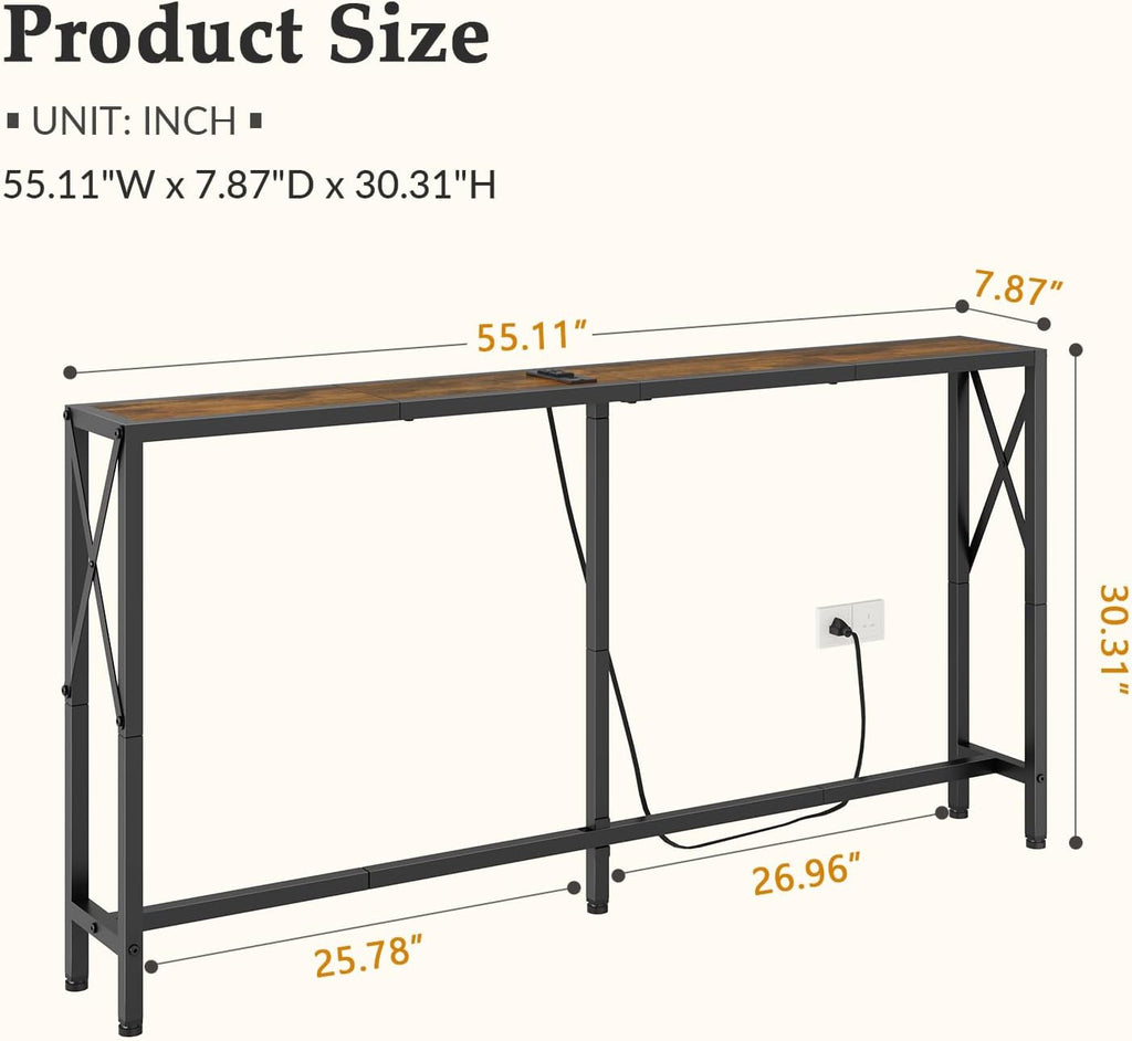 Gewudraw Console Table with Oulets and USB Ports, 55.1" Sofa Table Behind Couch, Industrial Long Skinny Stand for Hallway, Living Room, Bedroom, 6.5 Feet Power Cord, Rustic Brown