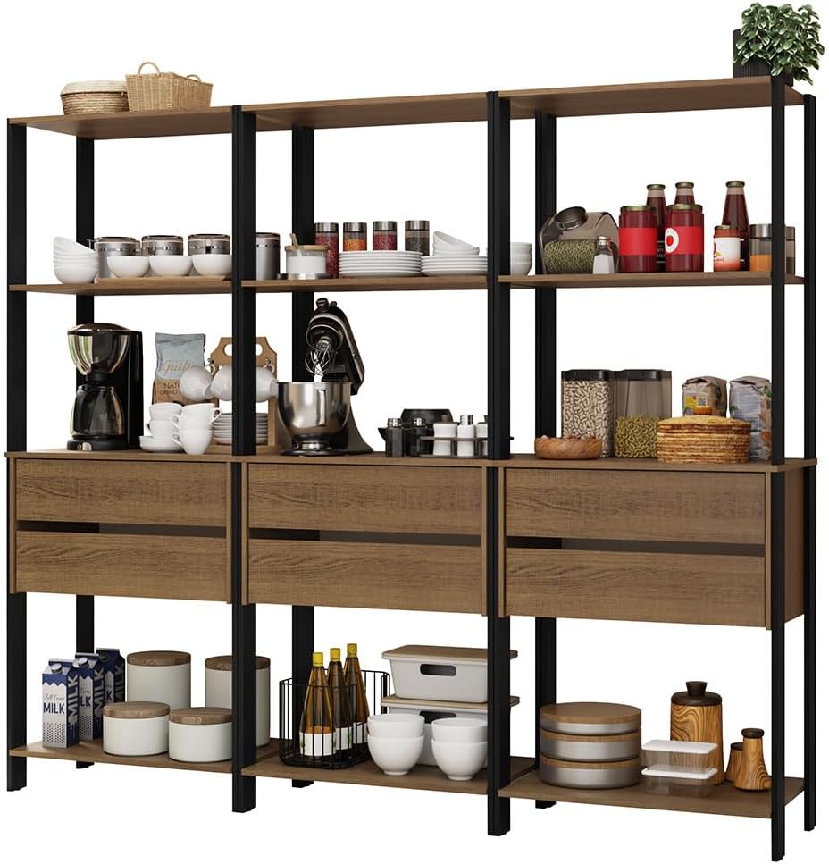 Madesa Kitchen Pantry Storage Rack with 6 Drawers and Open Shelves 82" L Multiuse Modular Cabinet for Kitchen Organization (Black/Brown)