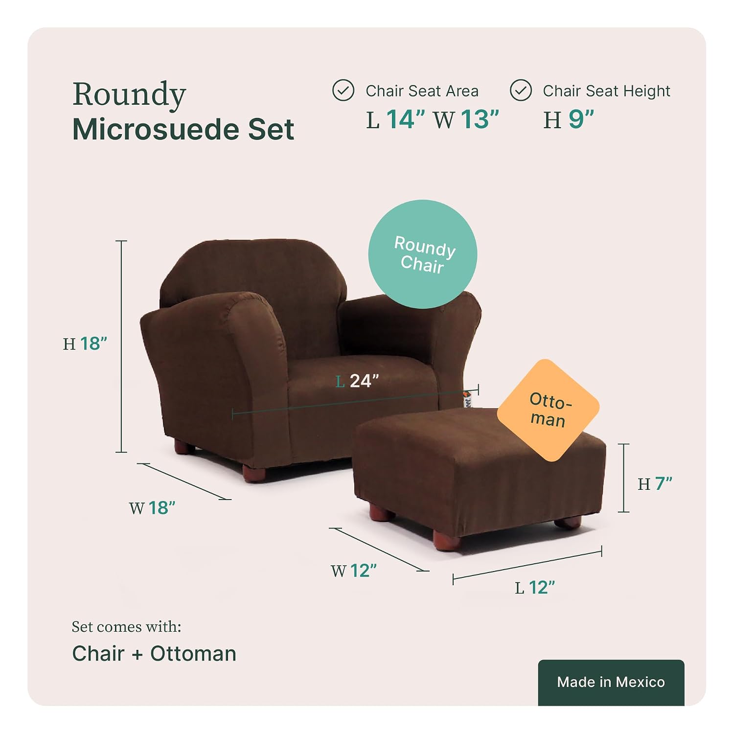 Roundy Kids Chair with Ottoman, Microsuede Upholstered, Ergonomic & Comfortable Design, Sturdy Wooden Frame, Ideal for Boys & Girls Ages 2-5, Easy to Clean, Perfect for Bedrooms, Playrooms & Daycares