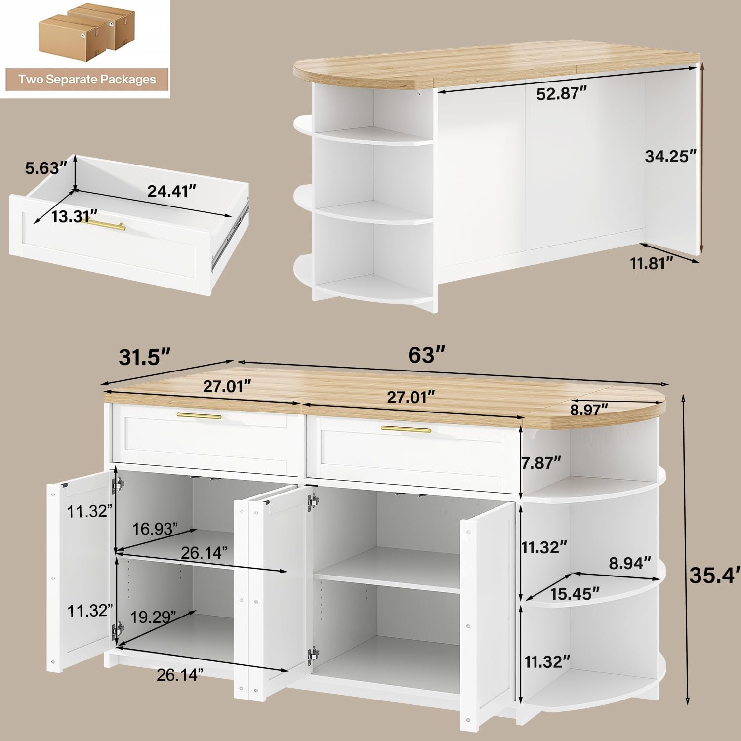 HSH 63” Large Kitchen Island with Storage & Seating, Modern Counter Height Island Table with 2 Drawers & Cabinets, 3 Oval Open Shelves, Stationary Island Prep Table for Kitchen Dining Room, Light Oak