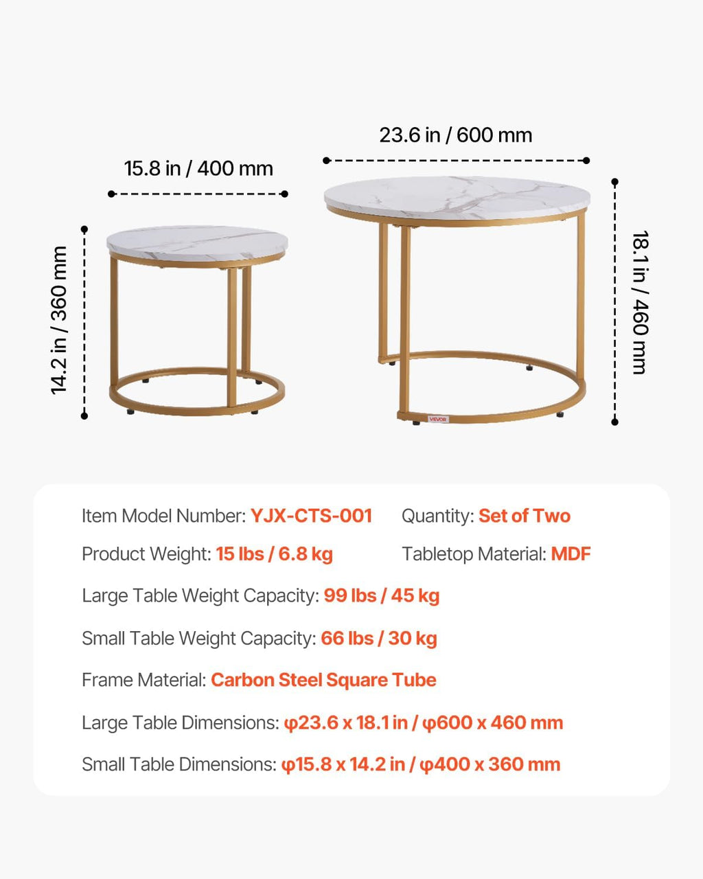 VEVOR Nesting Coffee Table Set of 2, 23.6 in Round Coffee Table, Nesting Tables for Small Place, Vintage End Side Tables Night Stand with Metal Frame, for Living Room, Bedroom, Office (White & Gold)