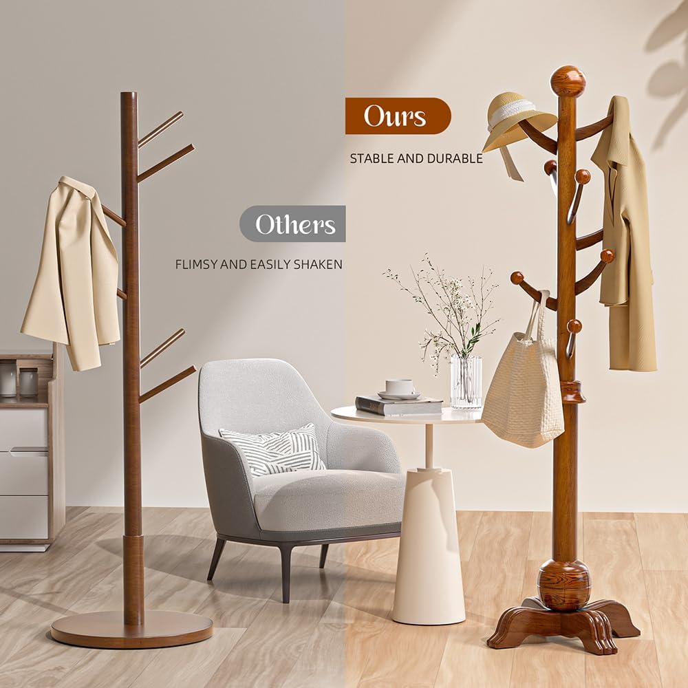 Wooden Coat Rack, 7 Hooks Freestanding Wood Coat Tree Rack with Stable Base | Space-Saving Hall Tree, Heavy Duty Coat Hanger Stand, 210 lbs, Solid Wood Coat Tree for Entryway Hallway Bedroom Office