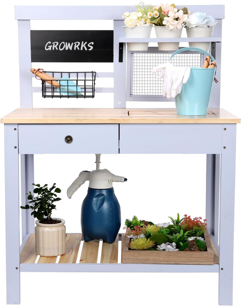 Potting Bench Outdoor Potting Table—Outdoor Kitchen for Kids, Solid Wood Garden Work Station with Sink、Drawer、Hooks、3Flower Pots, Weather Proof