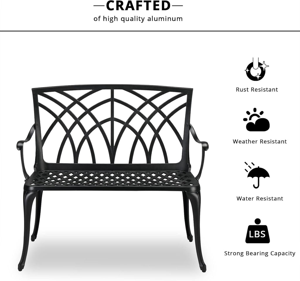 Bonnlo 38" Outdoor Bench, Aluminum Garden Bench with Orchid Patten, Anti-Slip Entryway Bench 1-2 Person Seat for Patio, Lawn, Backyard (Black)